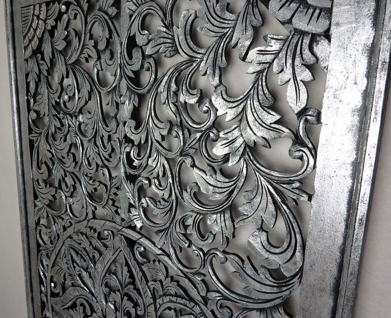 Dekorácia  na stenu PANEL FLOWER strieborná tmavá, drevo, ručná práca, 160x80 cm