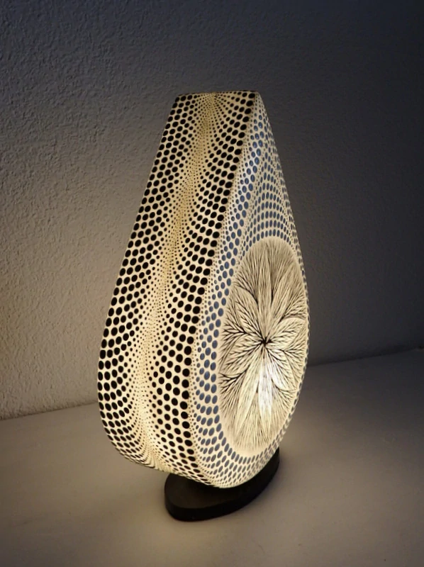 Stolná lampa MANDALA biela, ručne obojstranne maľovaná, 38 cm