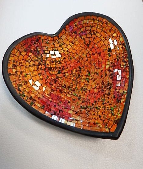 Miska SRDCE oranžová, ručná práca, keramika mozaika,