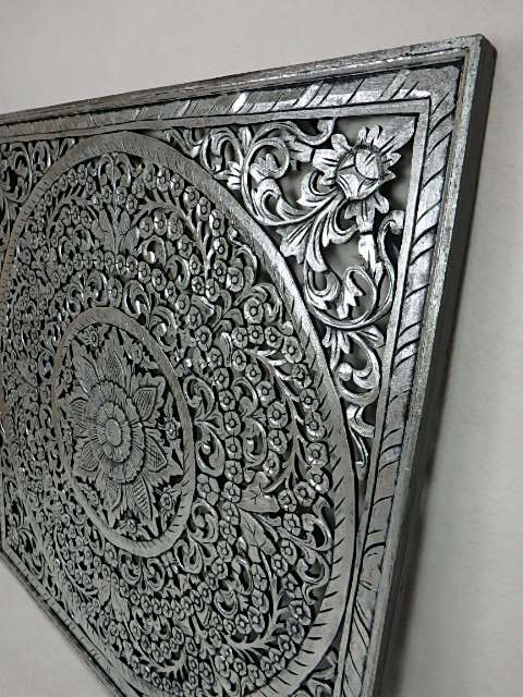 Dekorácia na stenu Mandala strieborná, 110x110 cm, ručná práca, exotické drevo