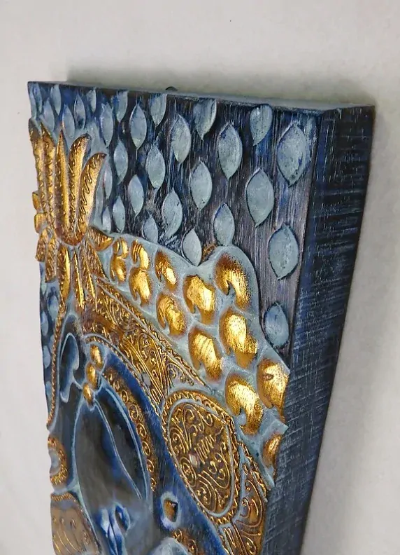 Dekorácia na stenu BUDHA modrý, 120x30 cm, exotické drevo, ručná práca
