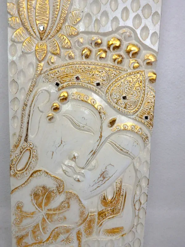 Dekorácia na stenu  BUDHA biely, 120x30 cm, exotické drevo, ručná práca