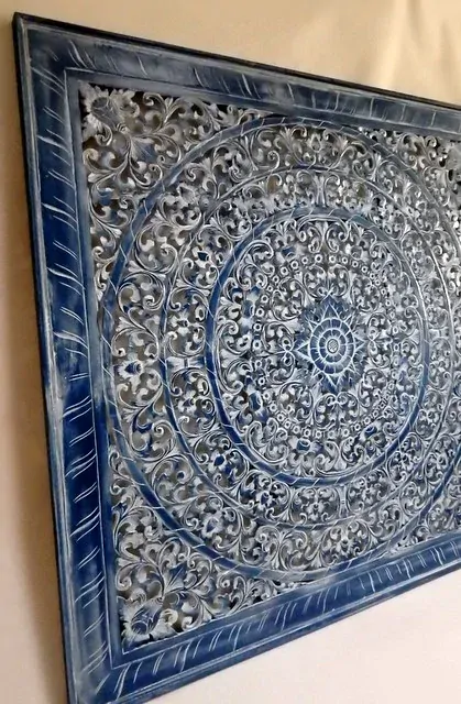 Dekorácia na stenu MANDALA modrá, 160x160 cm, drevo, ručná práca