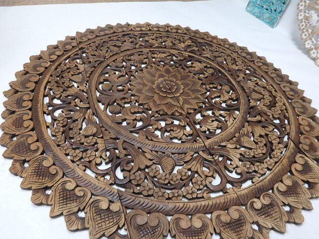Ručne vyrezávaná drevená mandala z teaku 120 cm – exotická dekorácia z Thajska