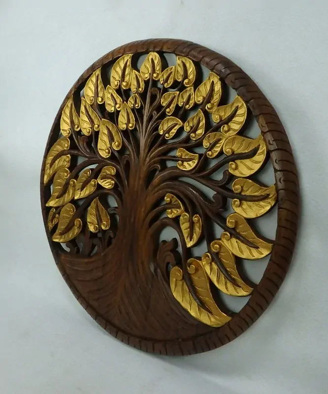 Dekorácia na stenu Strom života zlatý, 90 cm, teakové drevo, ručná práca