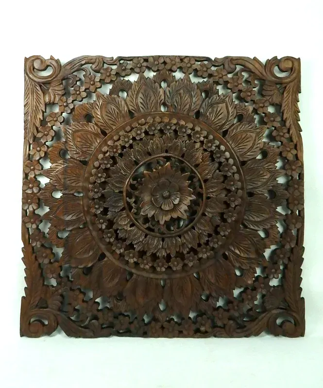 Dekorácia na stenu Mandala hranatá LOTOS 3D, teakové drevo,90 cm, ručná práca