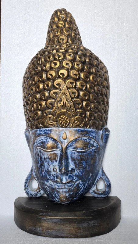 Soška Budha hlava modrá/zlatá, drevo, 72 cm