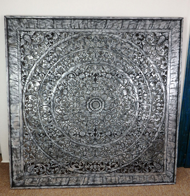 Dekorácia na stenu MANDALA, strieborná čierna, drevo, ručná práca 160x160cm