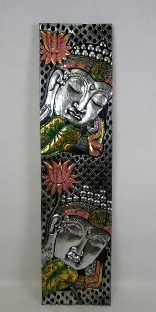 Dekorácia na stenu BUDHA strieborný, 120x30 cm, exotické drevo, ručná práca