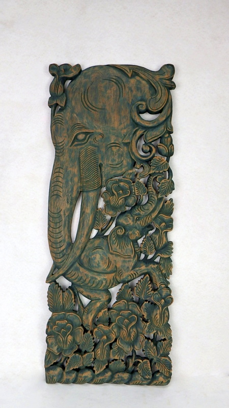 Dekorácia na stenu Slon, teakové drevo, zelená, patina, 35x90cm, ručná práca