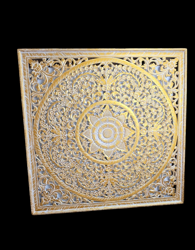 Mandala zlatá - 110x110cm, ručná drevorezba, exotické drevo