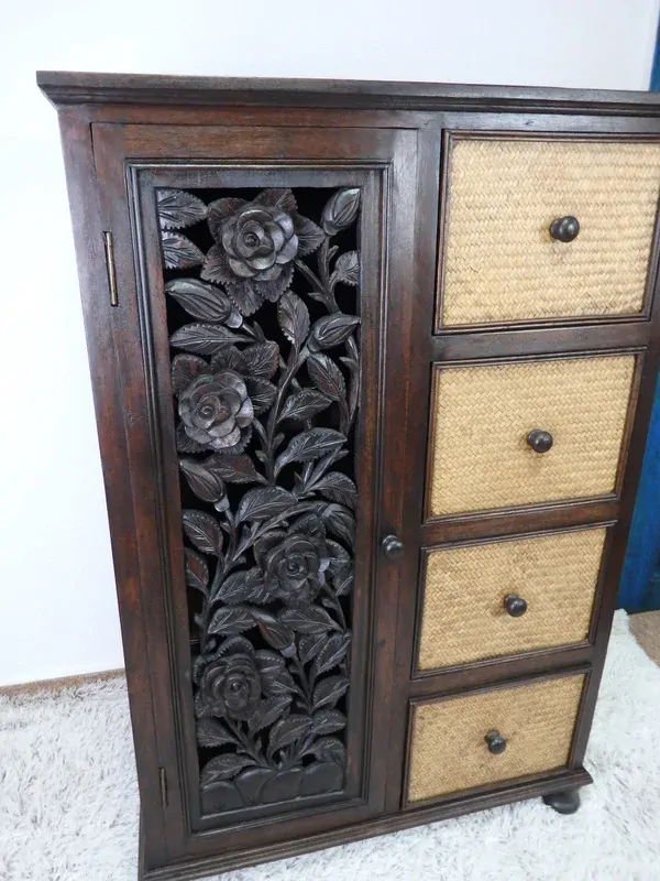 Skrinka do obývačky  ROSE hnedá, drevo, ručná práca, Thajsko