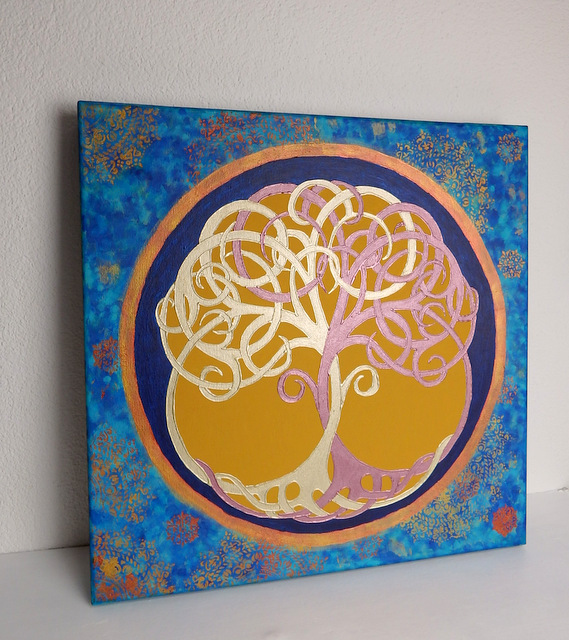 Obraz Strom života, ručná maľba, modrý, 60x60 cm