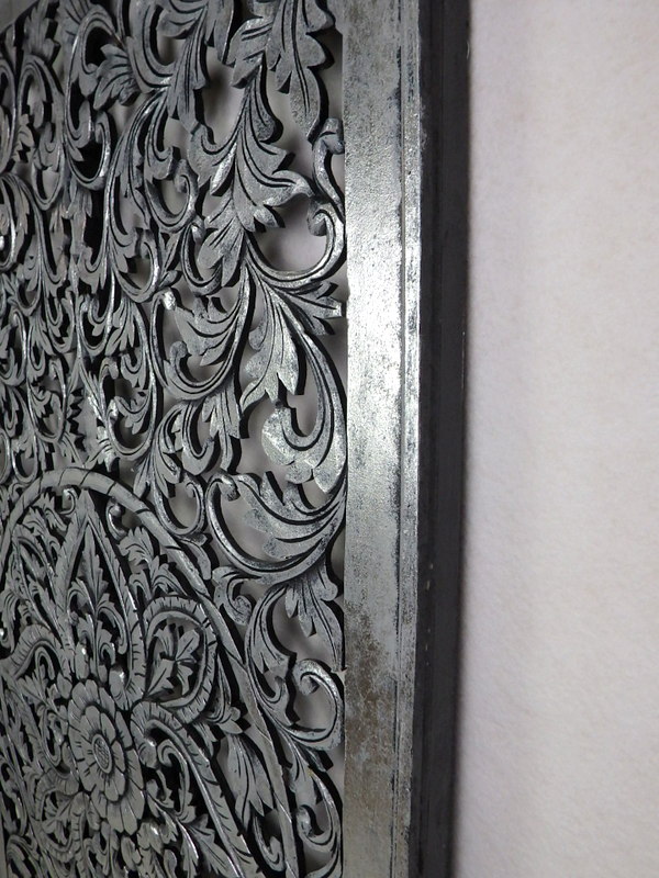 Dekorácia  na stenu PANEL FLOWER strieborná tmavá, drevo, ručná práca, 160x80 cm