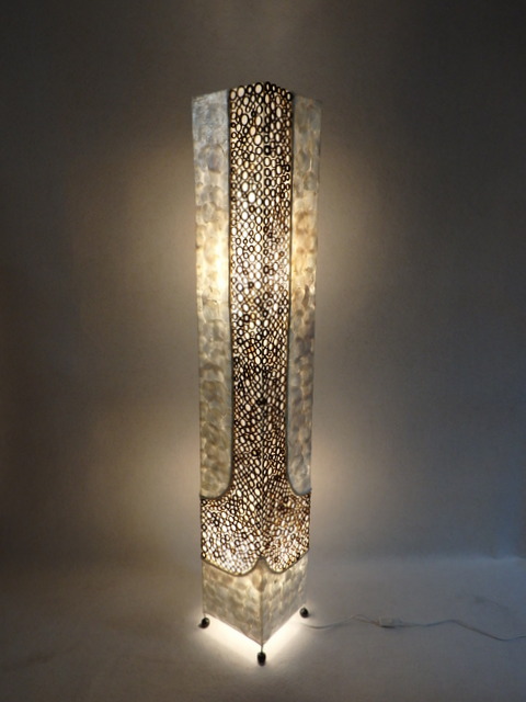 Stojacia lampa GABA, biela, perleť, bambus, hranatá, ručná práca