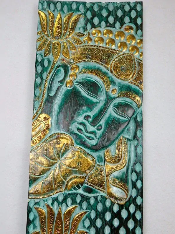 Dekorácia na stenu BUDHA, zelený, 120x30 cm, exotické drevo, ručná práca
