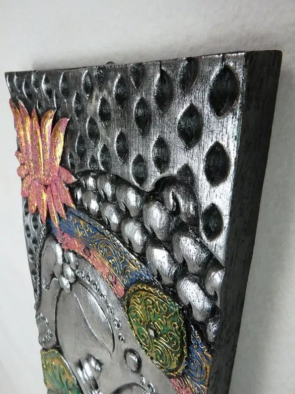 Dekorácia na stenu BUDHA strieborný, 120x30 cm, exotické drevo, ručná práca