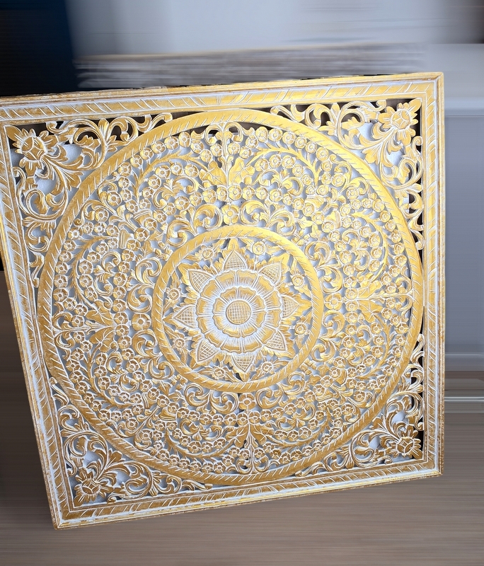 Mandala zlatá - 110x110cm, ručná drevorezba, exotické drevo