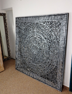 Dekorácia na stenu MANDALA, strieborná čierna, drevo, ručná práca 160x160cm
