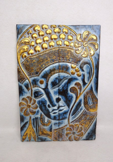 Dekorácia na stenu Budha, modrý, drevo, 60x40 cm, ručná práca