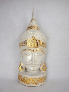 Soška BUDHA hlava biela/zlatá, exotické drevo, ručná práca