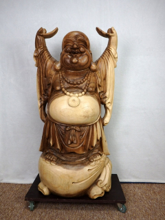 Socha HAPPY BUDHA 100 cm, ručná práca, exotické drevo, Indonézia