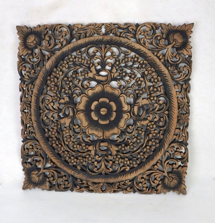  Dekorácia na stenu Mandala, teakové drevo, 60 cm, hranatá, čierna patina, ručná práca
