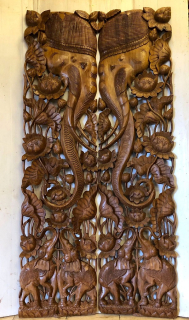 Luxusná ručne vyrezávaná  teaková dekorácia SLONY 180cmx45cm, Thajsko