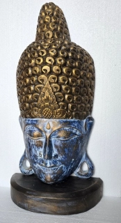 Soška Budha hlava modrá/zlatá, drevo, 72 cm