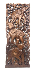 Drevená teaková nástenná dekorácia - ručne vyrezávané slony , teak 35x90 cm